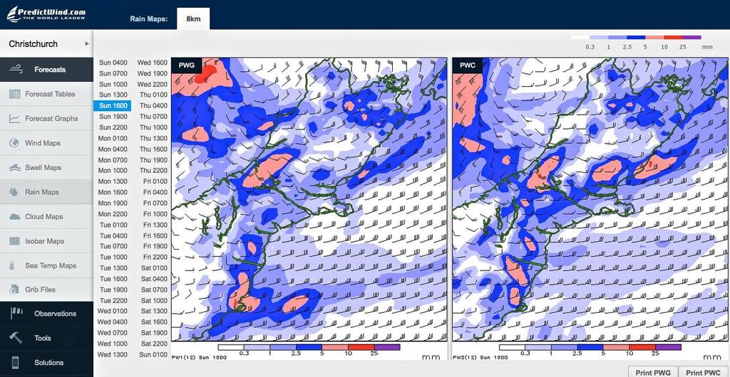 Rain prediction - Christchurch 1600hrs  - Cyclone Lusi, March 16, 2014 © PredictWind http://www.predictwind.com